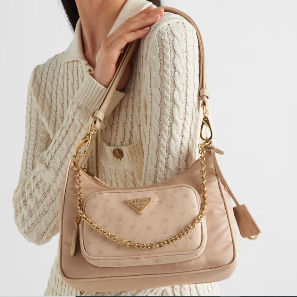 Prada  Re-Nylon Ostrich Mini Shoulder Bag Cammeo
